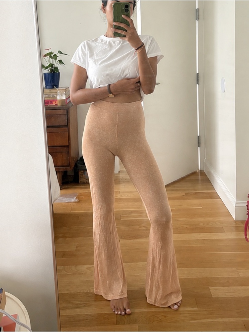 LSPACE Glisten Champagne Metallic Sheer Flare Pants